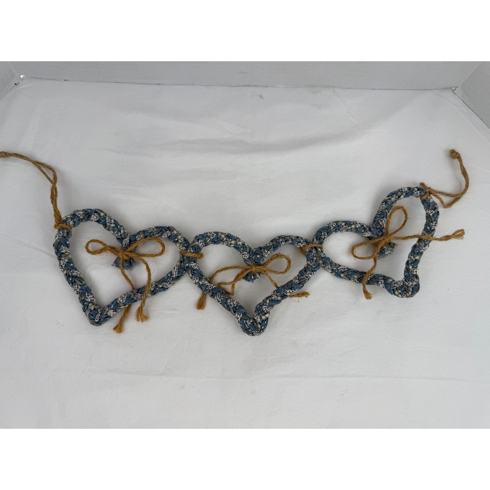 Handmade Braided Fabric Heart Garland Blue White Calico‎ Farmhouse Decor 19 Inch